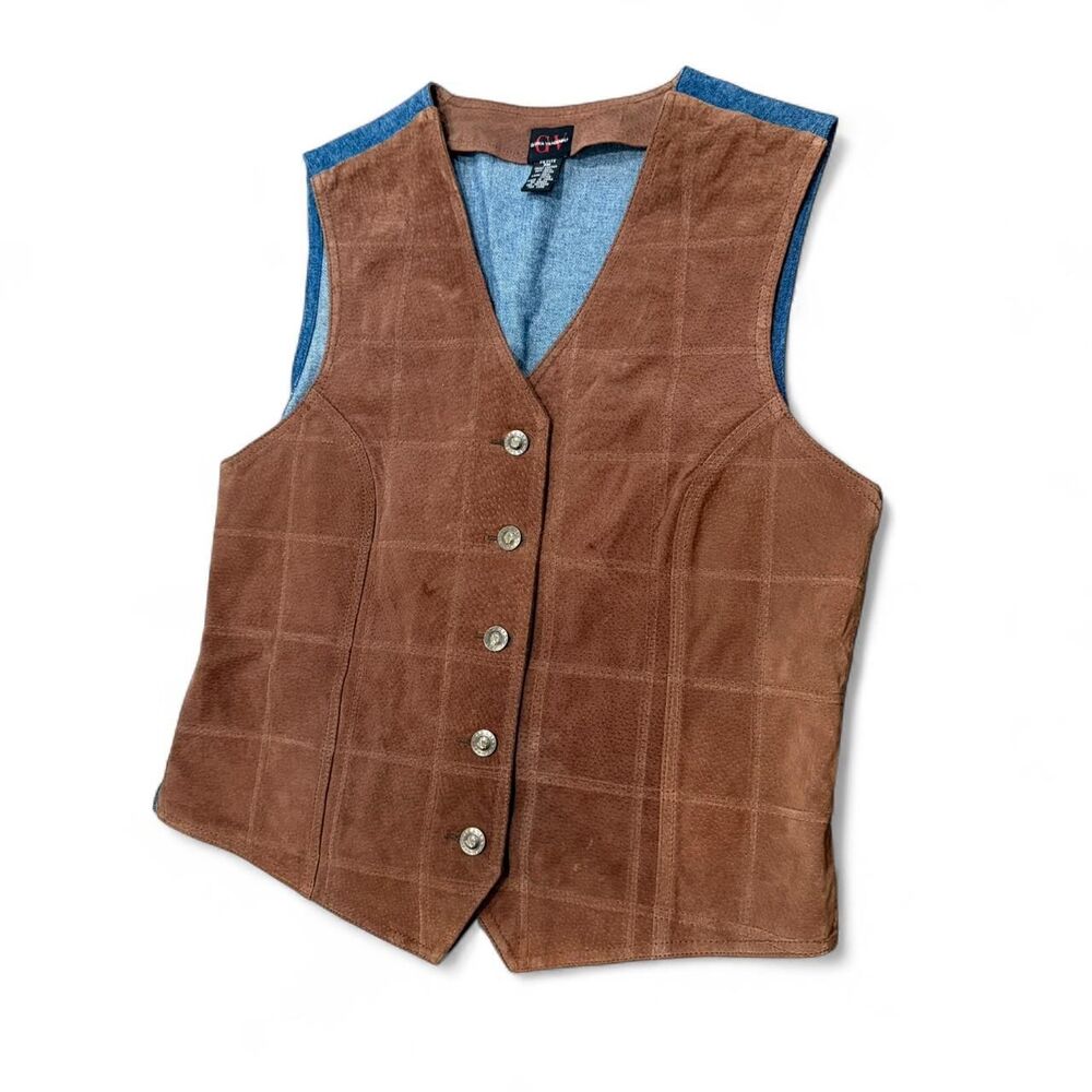 VTG 90s Boho Western Suede Leather Panel Denim Vest